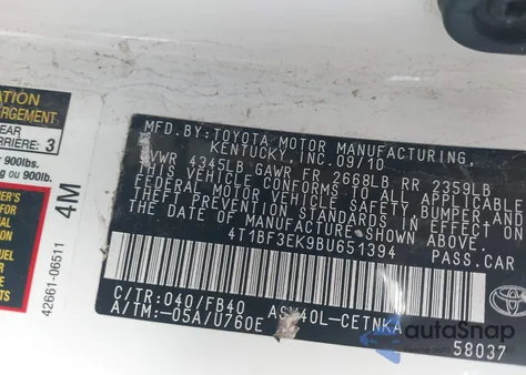 2011 Toyota Camry Le из США, поврежденный, VIN 4T1BF3EK9BU651394